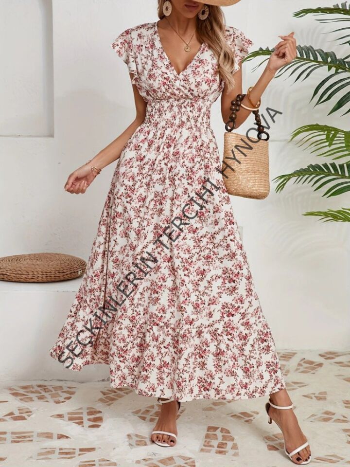 Kadın Kısa Kollu Kruvaze Yaka Beli Lastikli çiçek Desenli Elbise