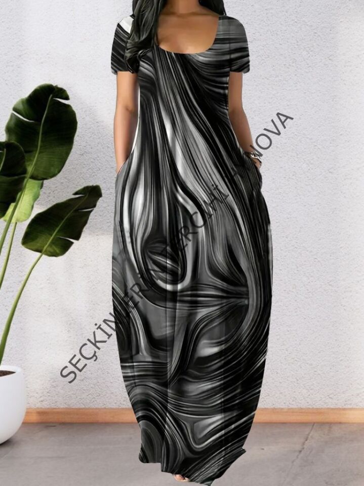 Kadın Kısa Kollu Yuvarlak Yaka Cepli Salaş Baskılı Süprem Elbise