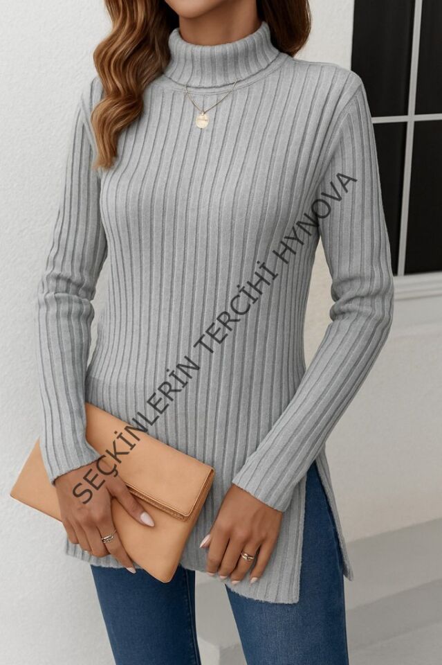 Kadın Uzun Kollu Balıkçı Yaka Yandan Yırtmaçlı şardonlu Kaşkorse Bluz