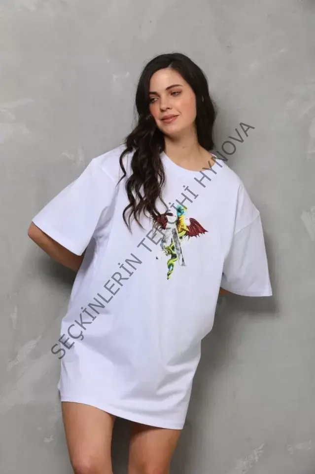 Unisex Bisiklet Yaka Baskılı Oversize T-Shirt - Beyaz