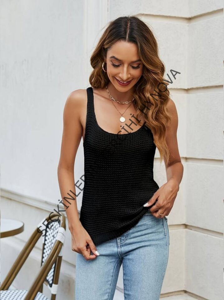 Kadın Sıfır Kol U Yaka Askılı Triko Bluz