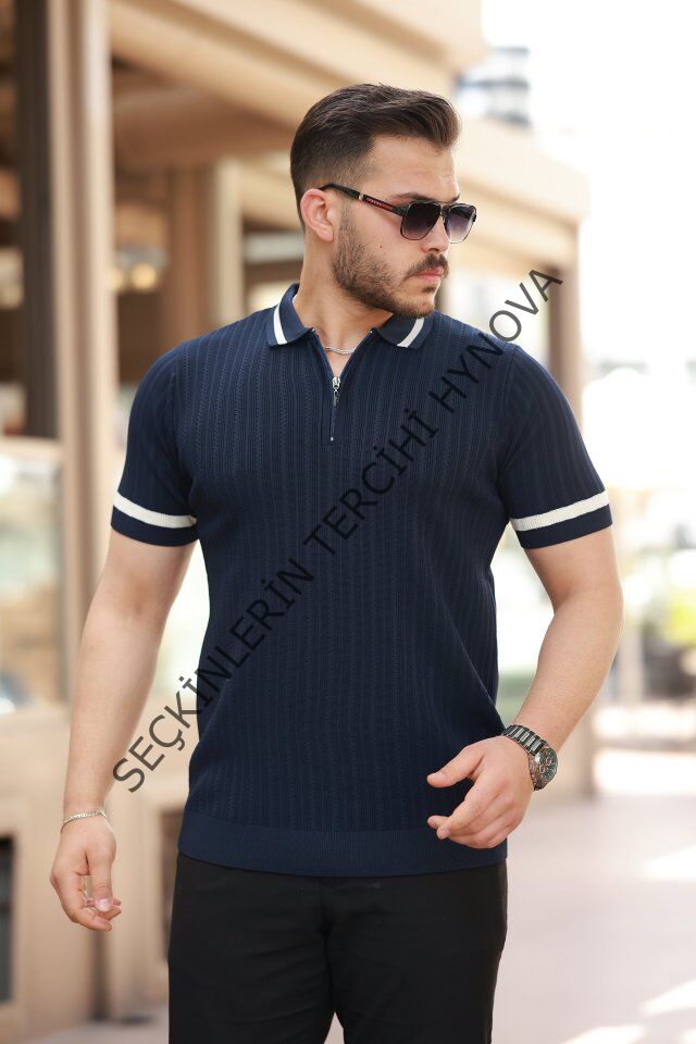 Erkek Yaka Ve Kolları çizgi Detaylı Fermuarlı Kısa Kollu T-shirt