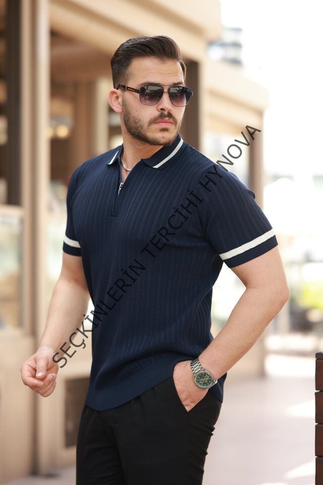 Erkek Yaka Ve Kolları çizgi Detaylı Fermuarlı Kısa Kollu T-shirt