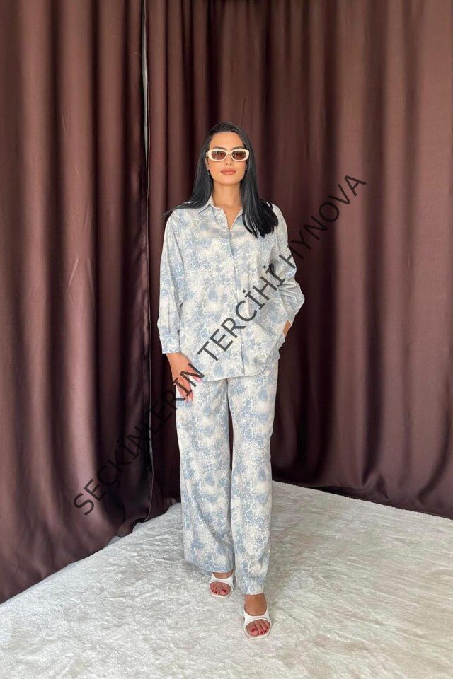 Mavi Leopar Desenli Ceket Ve Pantolon Keten Takım