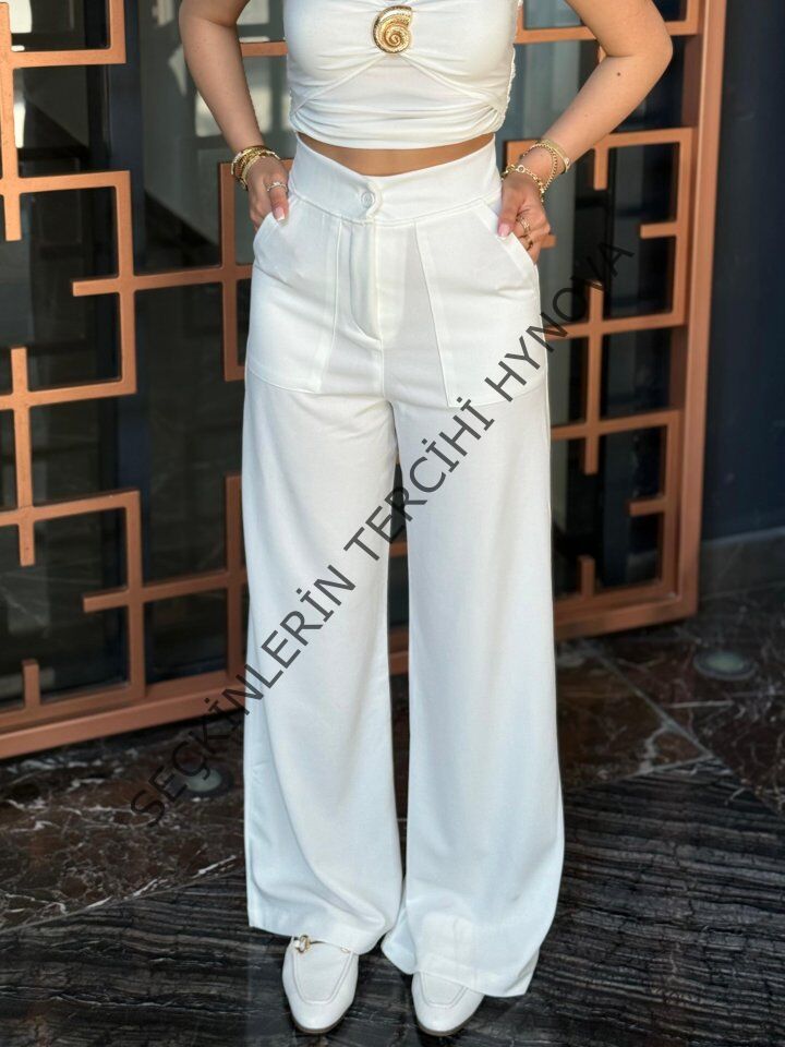 Kadın Yüksek Bel Geniş Paça Detaylı Cepli Ithal Krep Pantolon