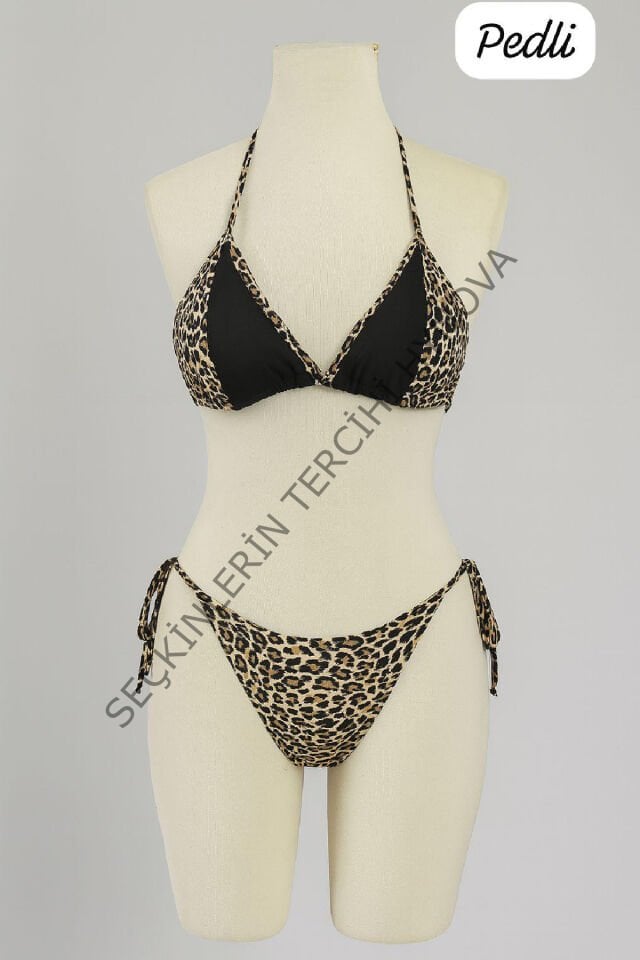 Kadın Siyah ve Leopar Detaylı Yandan Bağlamalı Bikini Takımı – Modern, Konforlu ve Günlük Kombinlere Uygun