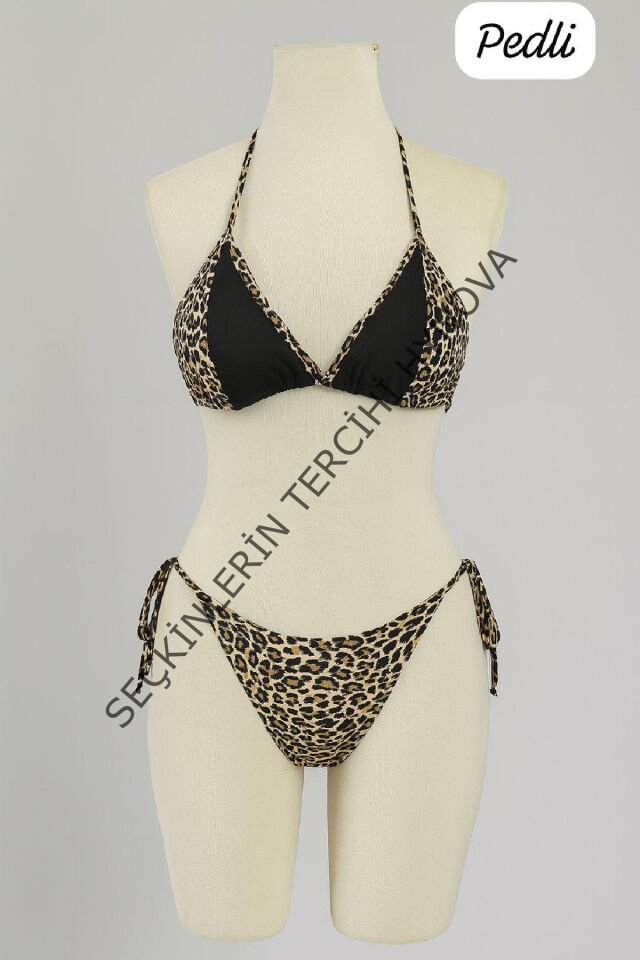 Kadın Siyah ve Leopar Detaylı Yandan Bağlamalı Bikini Takımı – Modern, Konforlu ve Günlük Kombinlere Uygun