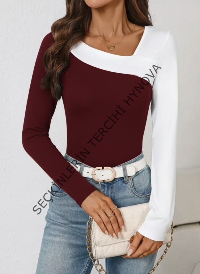 Kadın Uzun Kollu Geometrik Yaka Detaylı çift Renkli Viskon Bluz