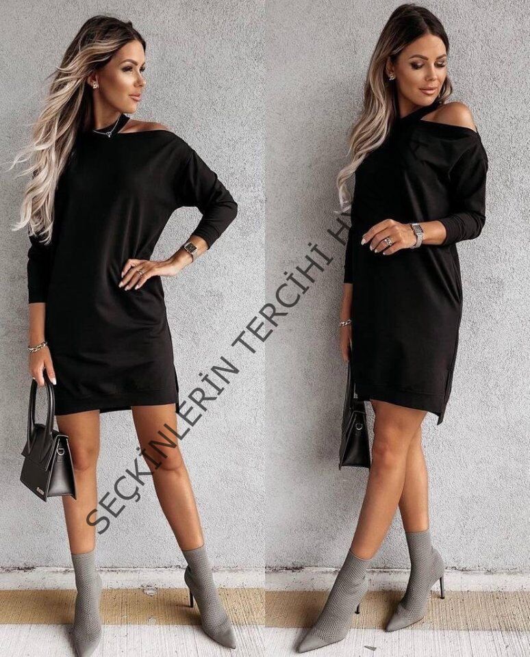 Kadın Omuz Detay İki İplik Mini Elbise