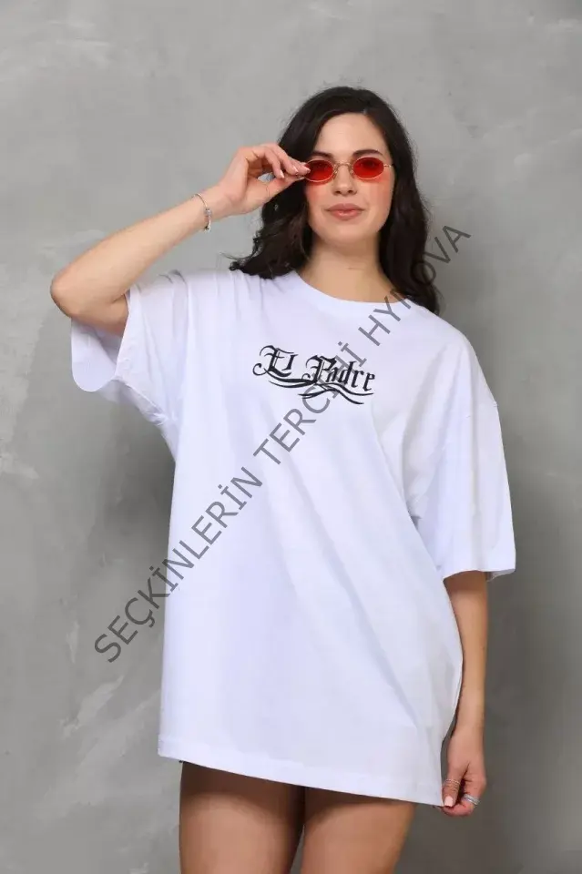 Unisex Bisiklet Yaka Baskılı Oversize T-Shirt - Beyaz