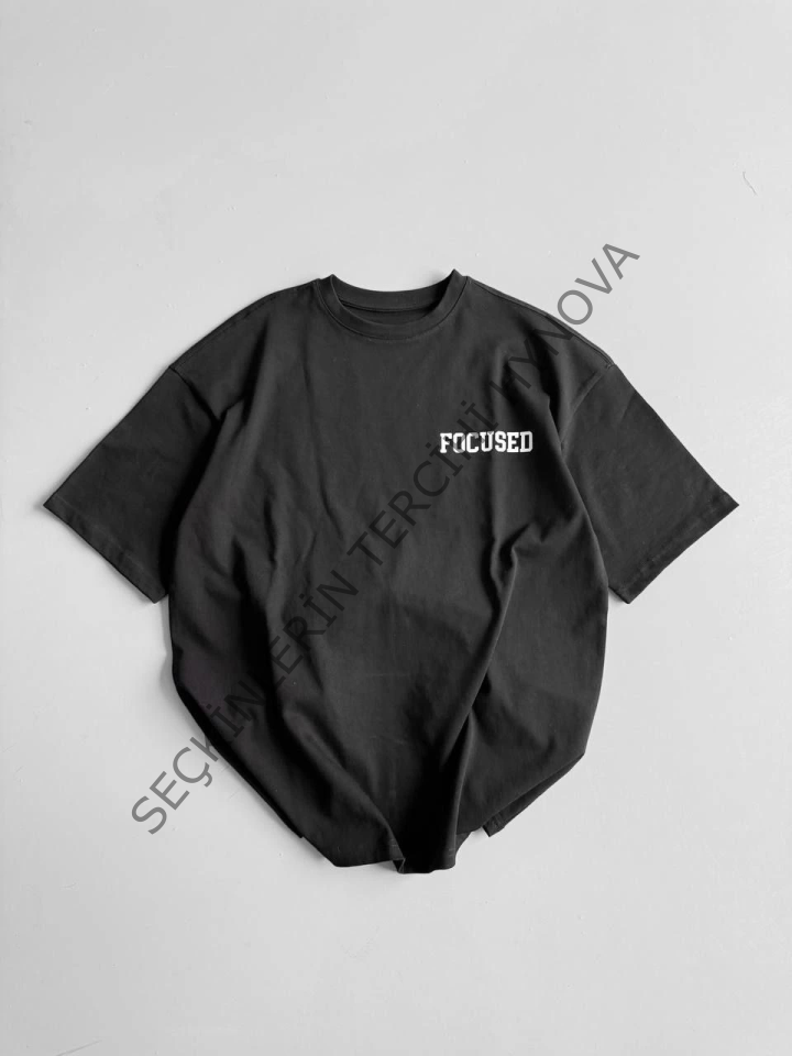 Baskılı Oversize Bisiklet Yaka T-shirt - Siyah