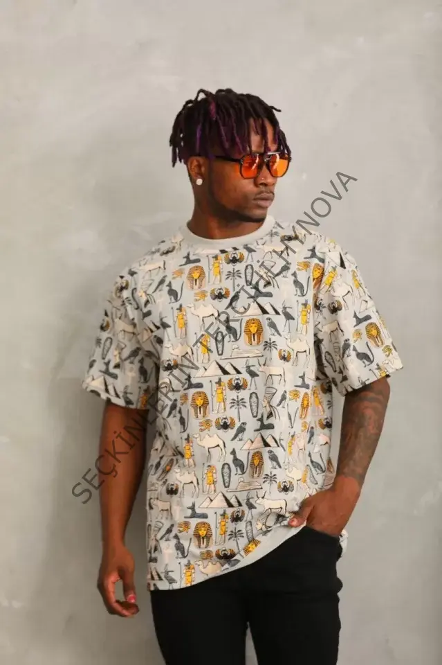 Unisex Oversize Baskılı Bisiklet Yaka T-Shirt - Gri