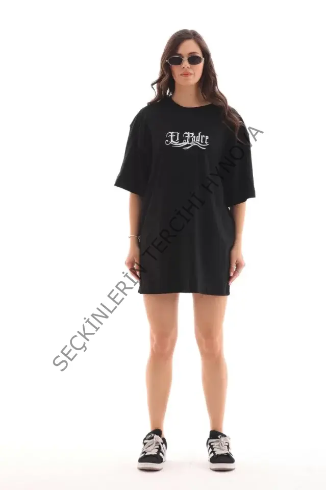 Unisex Bisiklet Yaka Baskılı Oversize T-Shirt - Siyah