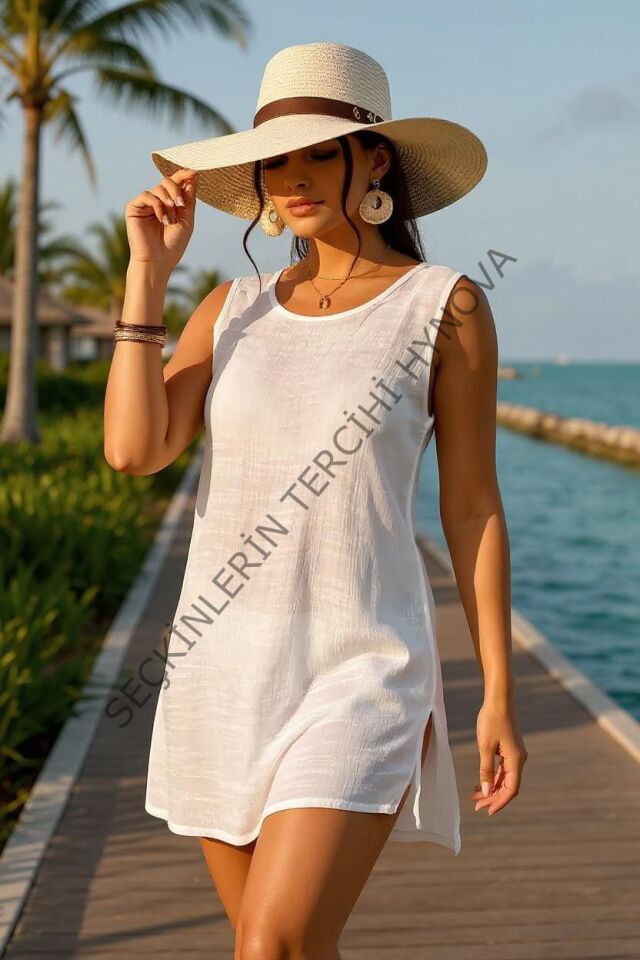 Kadın Beyaz Sırt Detaylı Yırtmaçlı Plaj Elbisesi Pareo – Şık, Rahat ve 4 Mevsim Kullanıma Uygun