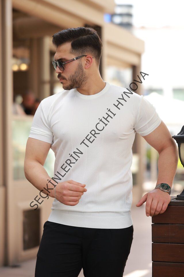 Erkek Ince çizgi Dokulu Bisiklet Yaka Kısa Kollu T-shirt