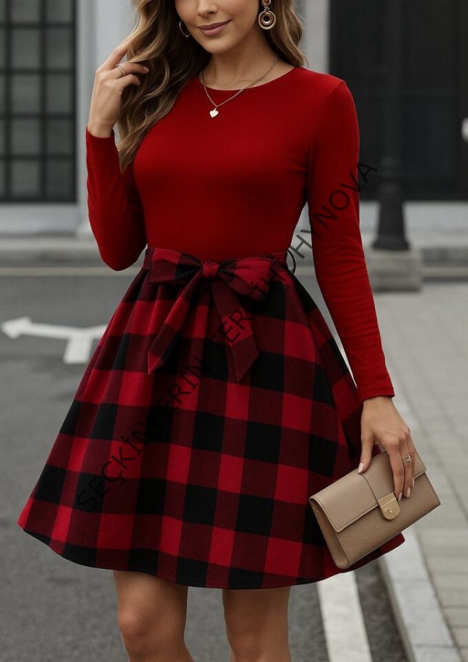 Kadın Uzun Kollu Bisiklet Yaka üst Viskon Alt Ekose Kısa Elbise