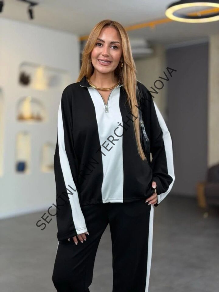 Kadın Uzun Kollu Yakadan Fermuarlı Viskon Iki Iplik Bluz Ve Pantolon Ikili Takım