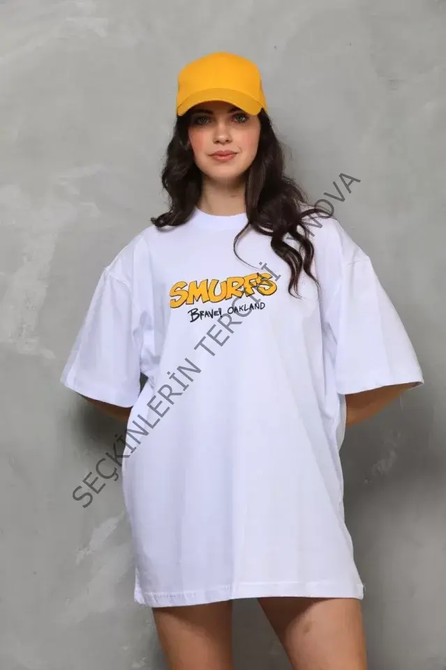 Unisex Bisiklet Yaka Baskılı Oversize T-Shirt - Beyaz