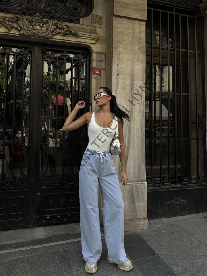 Arkadan Yırtmaçlı Jeans Kot Palazzo Pantolon - Mavi