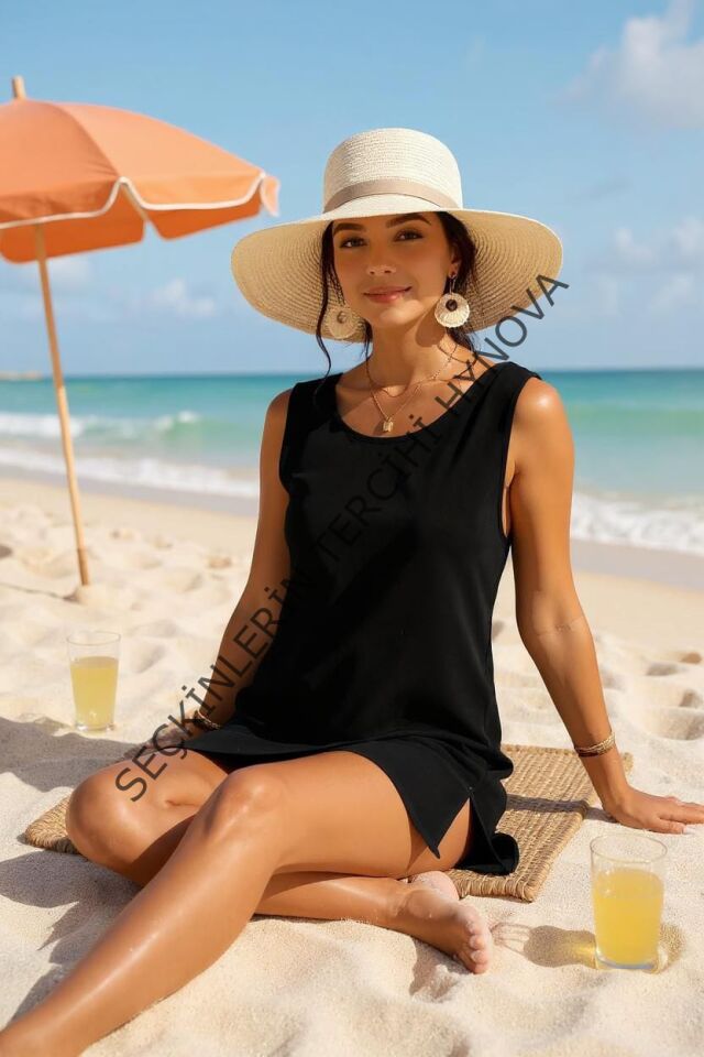 Kadın Siyah Sırt Detaylı Yırtmaçlı Plaj Elbisesi Pareo – Şık, Rahat ve 4 Mevsim Kullanıma Uygun