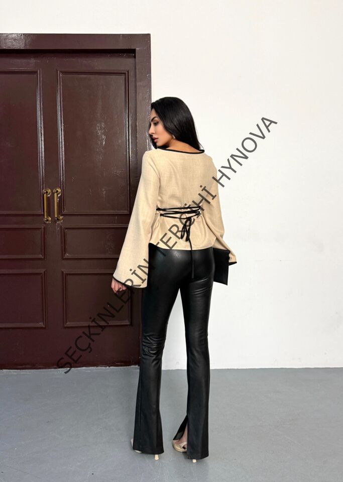 Kadın İspanyol Kol Arkası Bağcık Ip Detay Keten Bluz