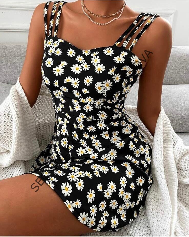 Kadın Papatya Desen Mikro Kumaş Askılı Elbise