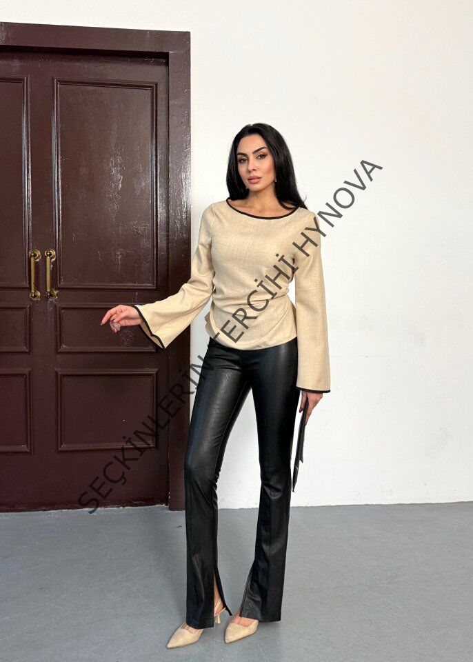 Kadın İspanyol Kol Arkası Bağcık Ip Detay Keten Bluz