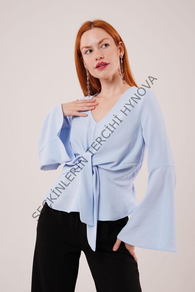 Ön Bağlamalı Volan Kol Bebe Mavisi Bluz