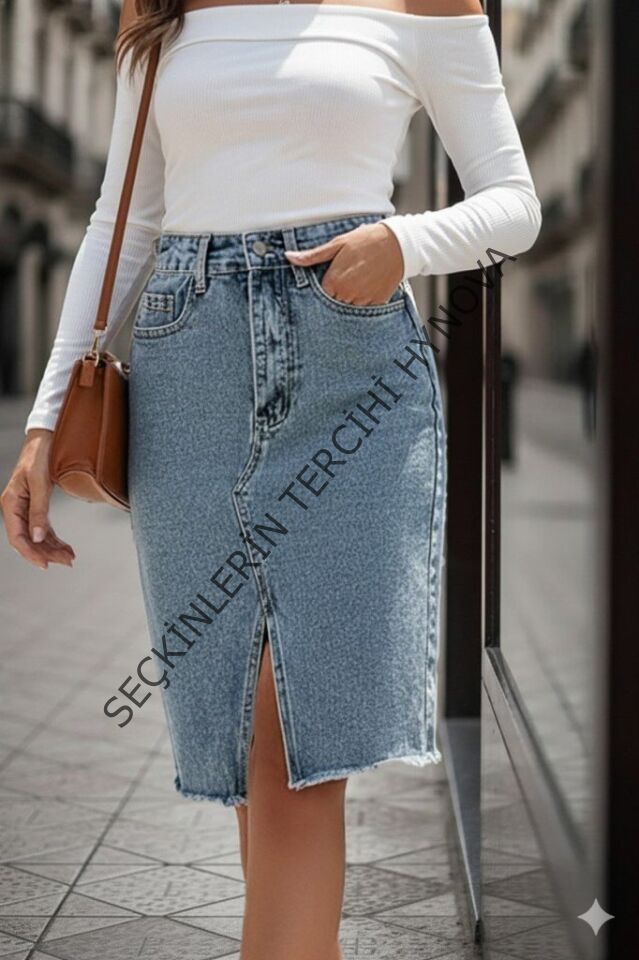 Kadın Elastik Bel Yırtık Kenar Detaylı Kot Etek