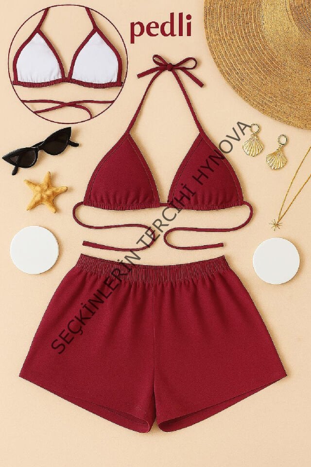 Kadın Bordo Şortlu Belden ve Boyundan Bağlamalı Bikini Takımı – Modern, Konforlu ve Günlük Kombinlere Uygun