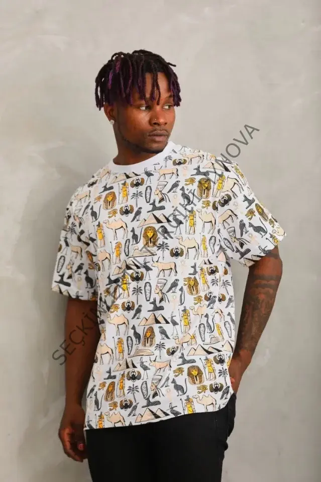 Unisex Oversize Baskılı Bisiklet Yaka T-Shirt - Beyaz