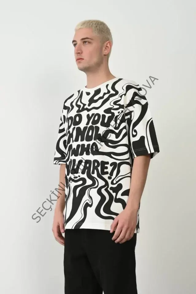 Unisex Baskılı Bisiklet Yaka Oversize T-Shirt - Beyaz