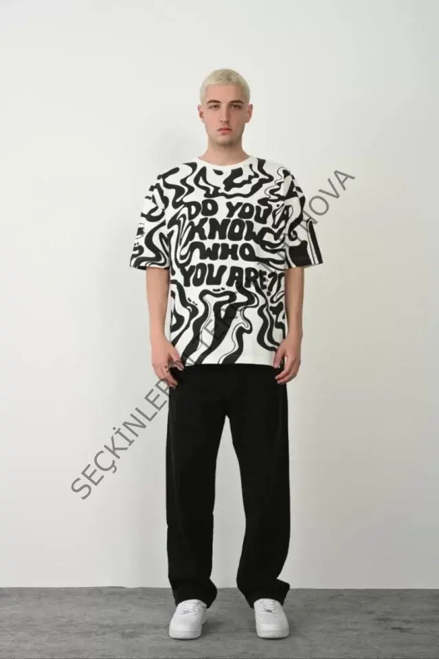 Unisex Baskılı Bisiklet Yaka Oversize T-Shirt - Beyaz