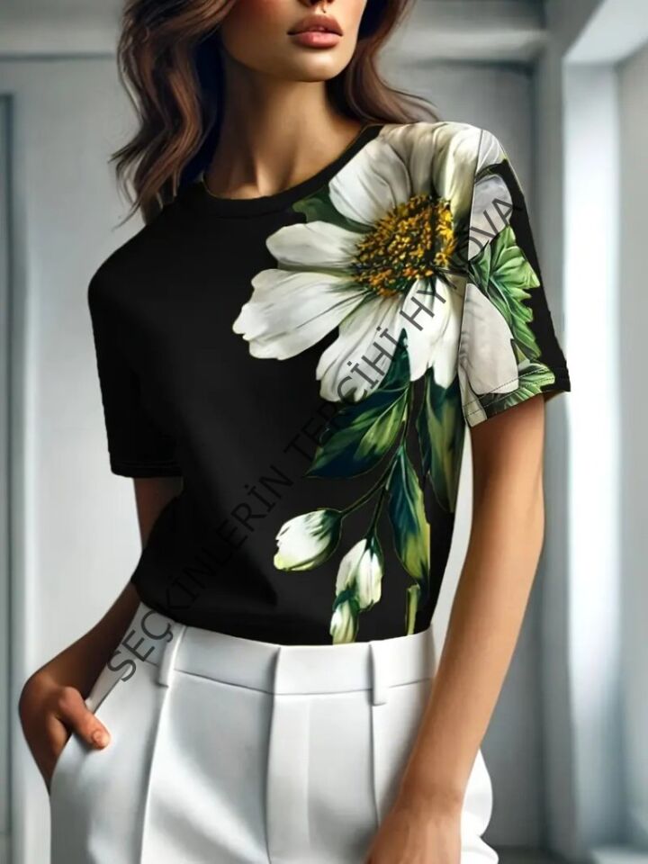 Kadın Kısa Kollu Bisiklet Yaka çiçek Baskılı Süprem Bluz