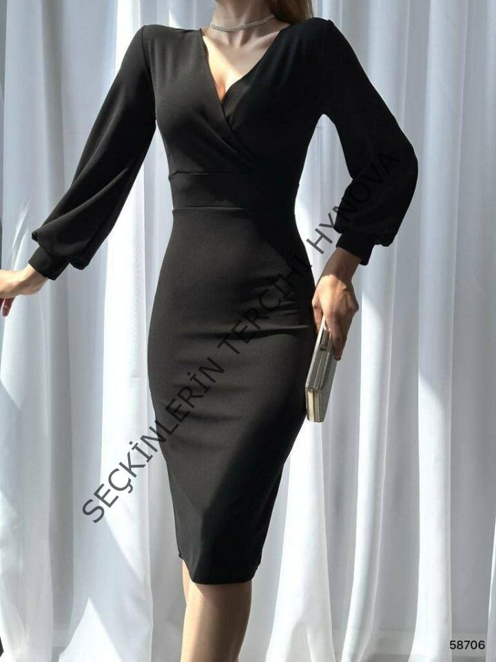 Kadın Kruvaze Yaka Balon Kol Midi Boy Elbise