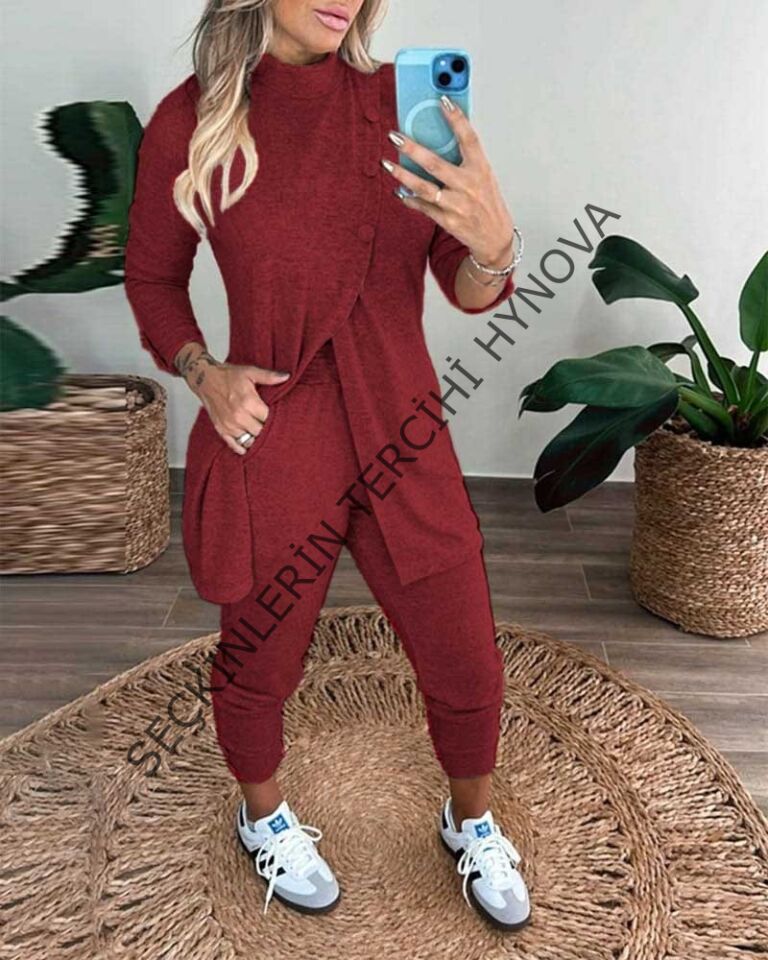 Kadın Uzun Kollu Balıkçı Yaka önden Düğmeli Bluz Ve Pantolon Yumoş Ikili Takım