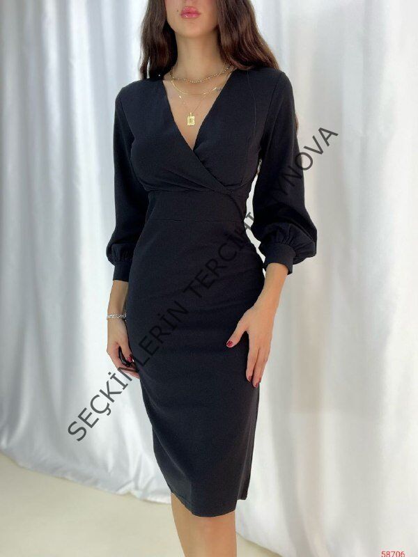 Kadın Kruvaze Yaka Balon Kol Midi Boy Elbise