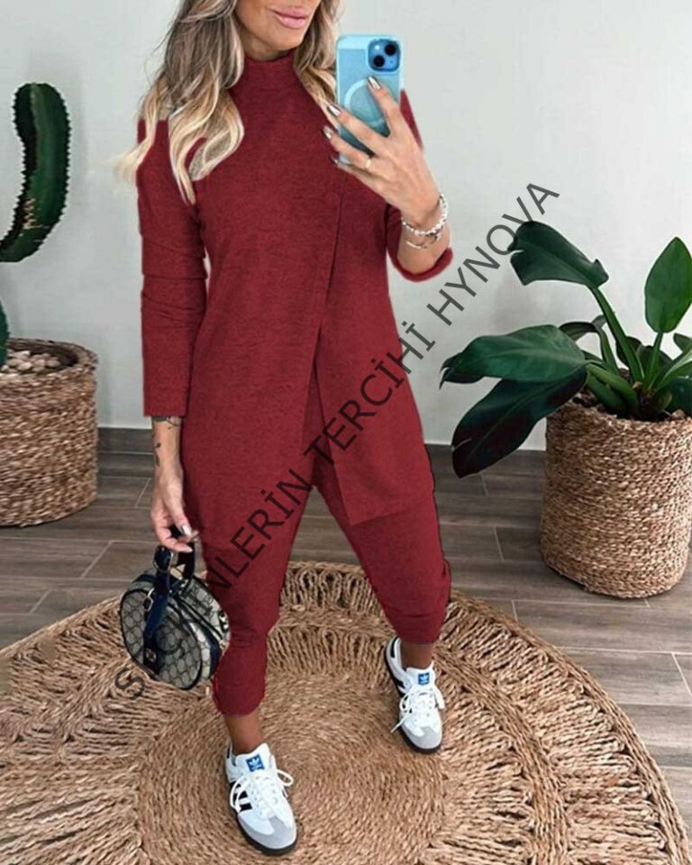 Kadın Uzun Kollu Balıkçı Yaka önden Düğmeli Bluz Ve Pantolon Yumoş Ikili Takım