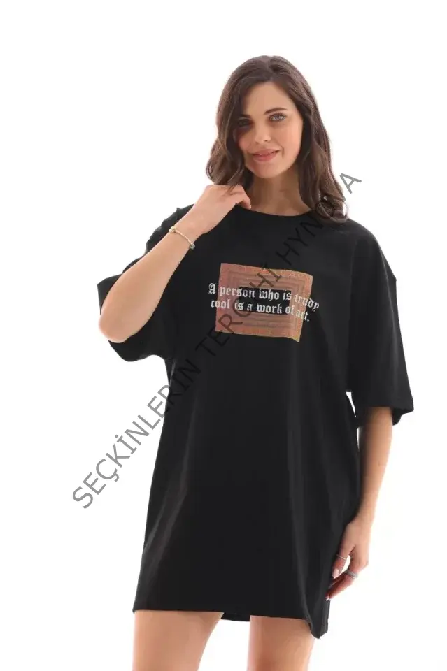 Unisex Bisiklet Yaka Baskılı Oversize T-Shirt - Siyah