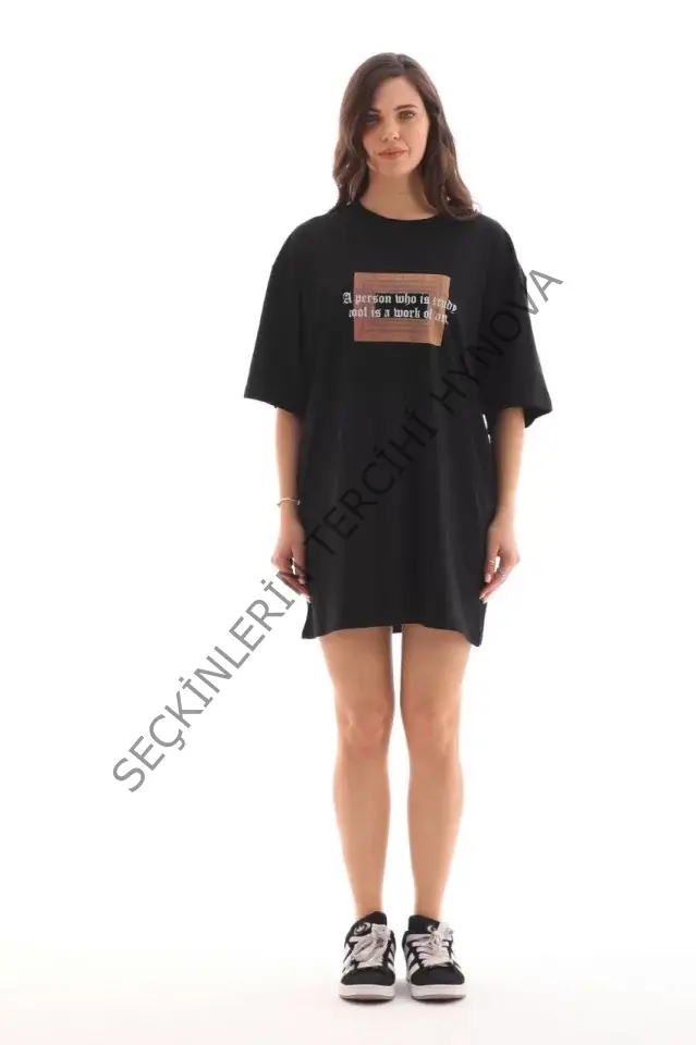 Unisex Bisiklet Yaka Baskılı Oversize T-Shirt - Siyah