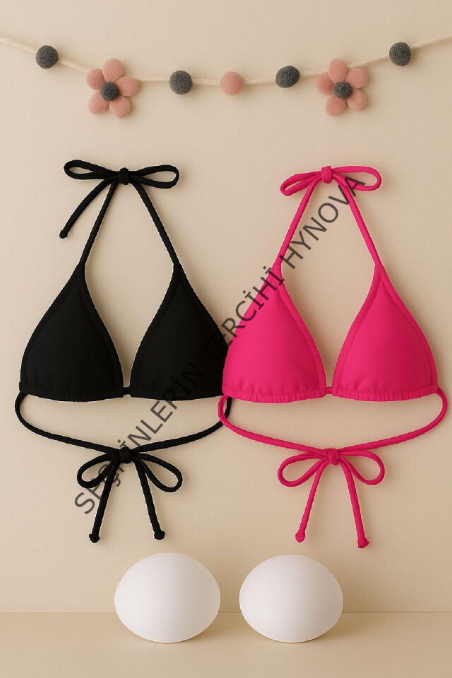 Kadın Siyah ve Fuşya Minimal Kesim Üçgen Bikini Üstü – Modern ve Şık Tasarım