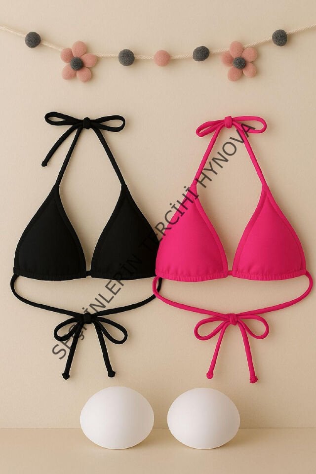 Kadın Siyah ve Fuşya Minimal Kesim Üçgen Bikini Üstü – Modern ve Şık Tasarım