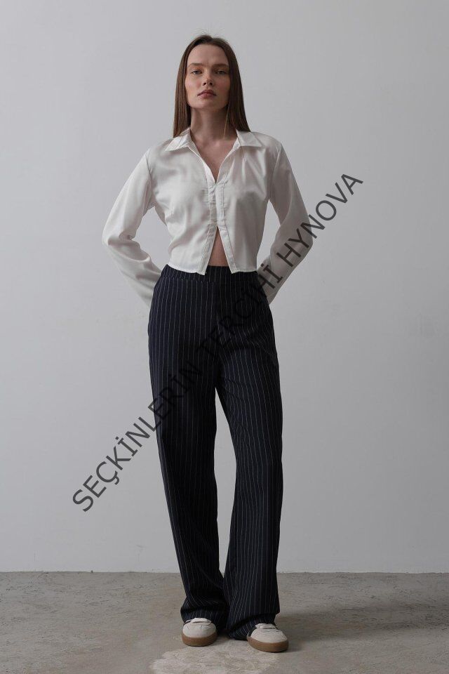 Beli Yarım Lastikli Palazzo Pantolon - Lacivert-Beyaz