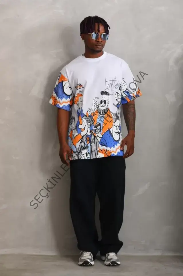 Unisex Oversize Baskılı Bisiklet Yaka T-Shirt - Beyaz