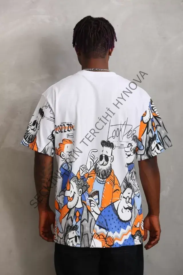 Unisex Oversize Baskılı Bisiklet Yaka T-Shirt - Beyaz