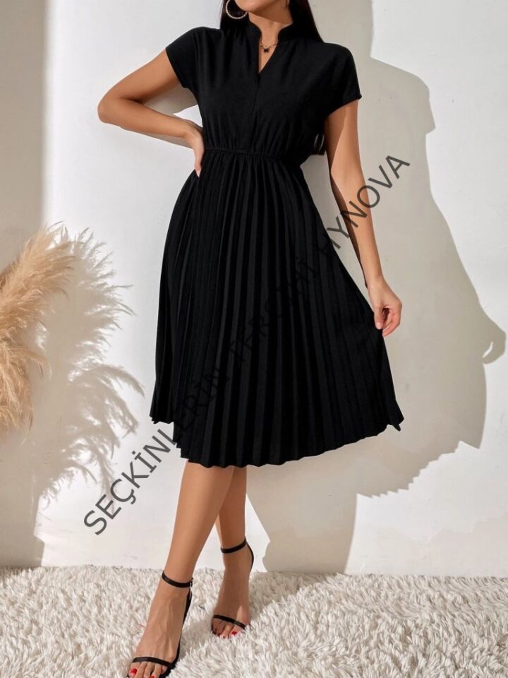 Kadın Kısa Kollu Hakim V Yakalı Pileli Janjan Krep Elbise