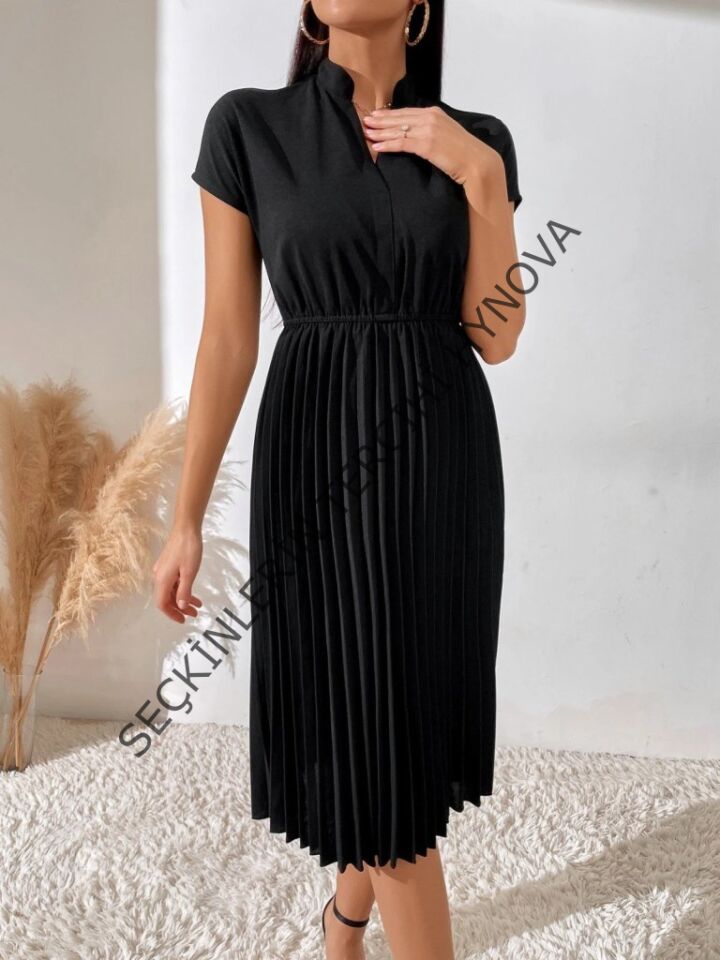 Kadın Kısa Kollu Hakim V Yakalı Pileli Janjan Krep Elbise