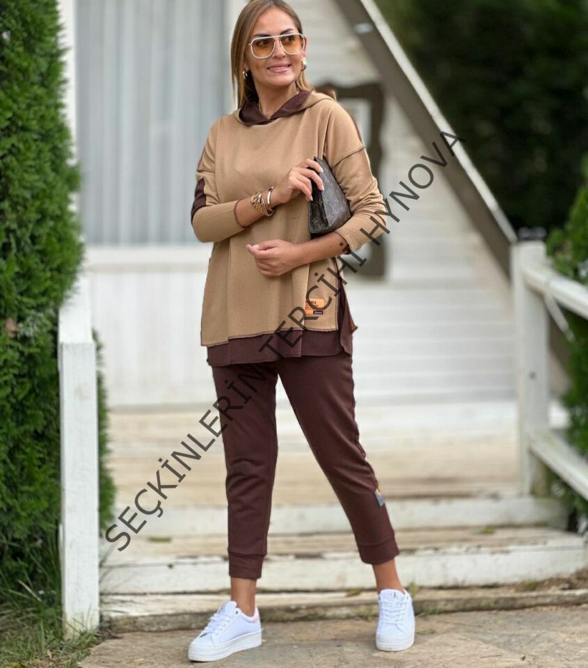 Kadın Kahve Kapşonlu Etek Ucu Detay Arma Ters Dikiş Gorunumlu Ikili Takım
