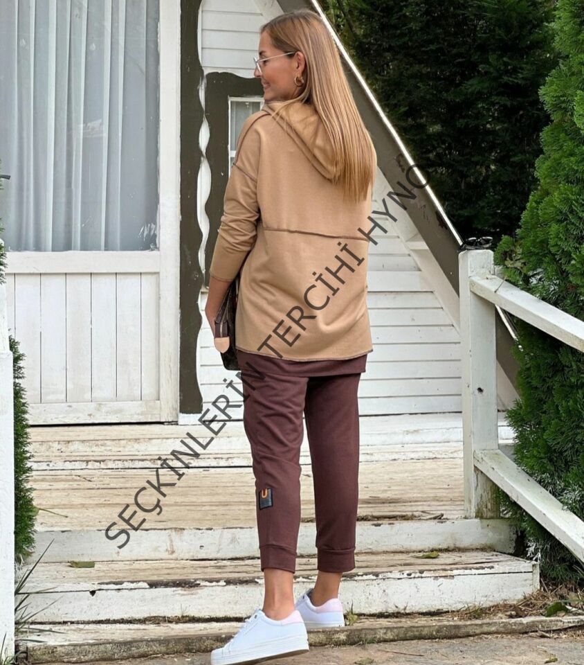 Kadın Kahve Kapşonlu Etek Ucu Detay Arma Ters Dikiş Gorunumlu Ikili Takım