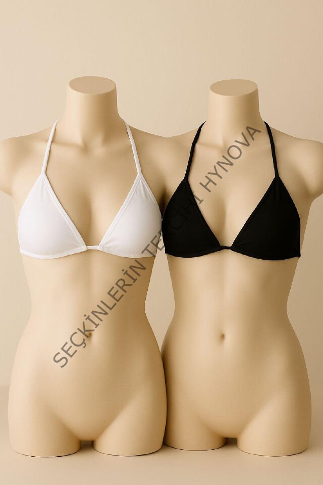 Kadın Siyah ve Beyaz Minimal Kesim Üçgen Bikini Üstü – Modern ve Şık Tasarım